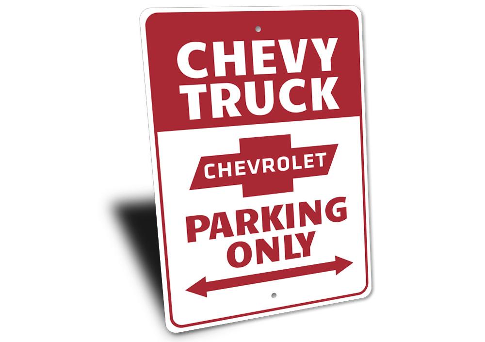 Chevy Truck Parking Sign made of high-quality aluminum, featuring a classic design perfect for garages or man caves.