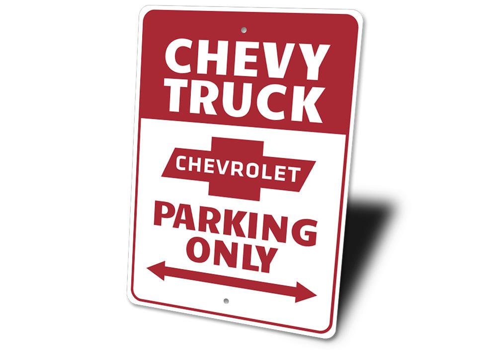 Chevy Truck Parking Sign made of high-quality aluminum, featuring a classic design perfect for garages or man caves.