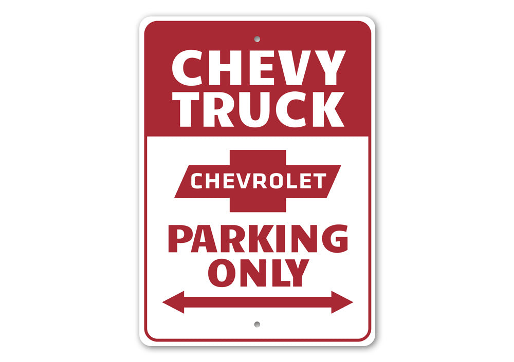 Chevy Truck Parking Sign made of high-quality aluminum, featuring a classic design perfect for garages or man caves.