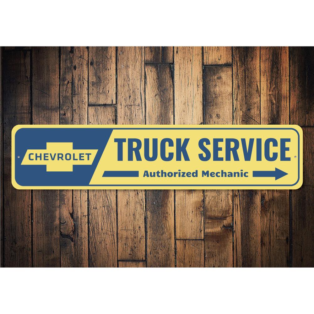 Chevy Truck Service Sign made of high-quality aluminum, featuring customizable text and pre-drilled holes for easy mounting.