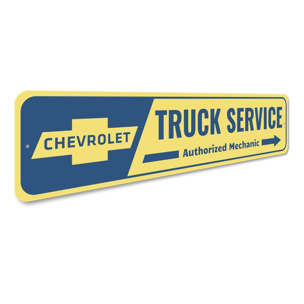 Chevy Truck Service Sign made of high-quality aluminum, featuring customizable text and pre-drilled holes for easy mounting.