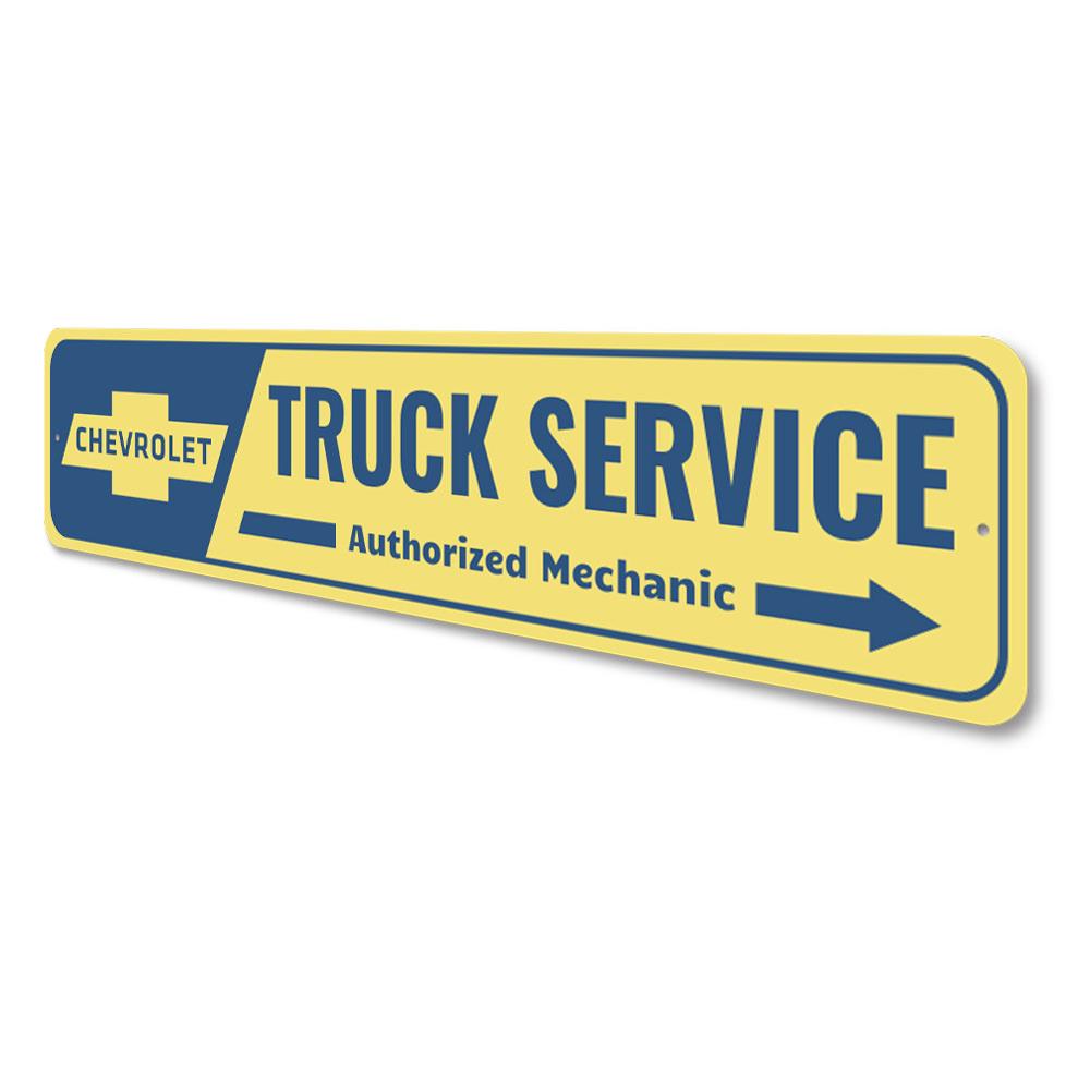 Chevy Truck Service Sign made of high-quality aluminum, featuring customizable text and pre-drilled holes for easy mounting.