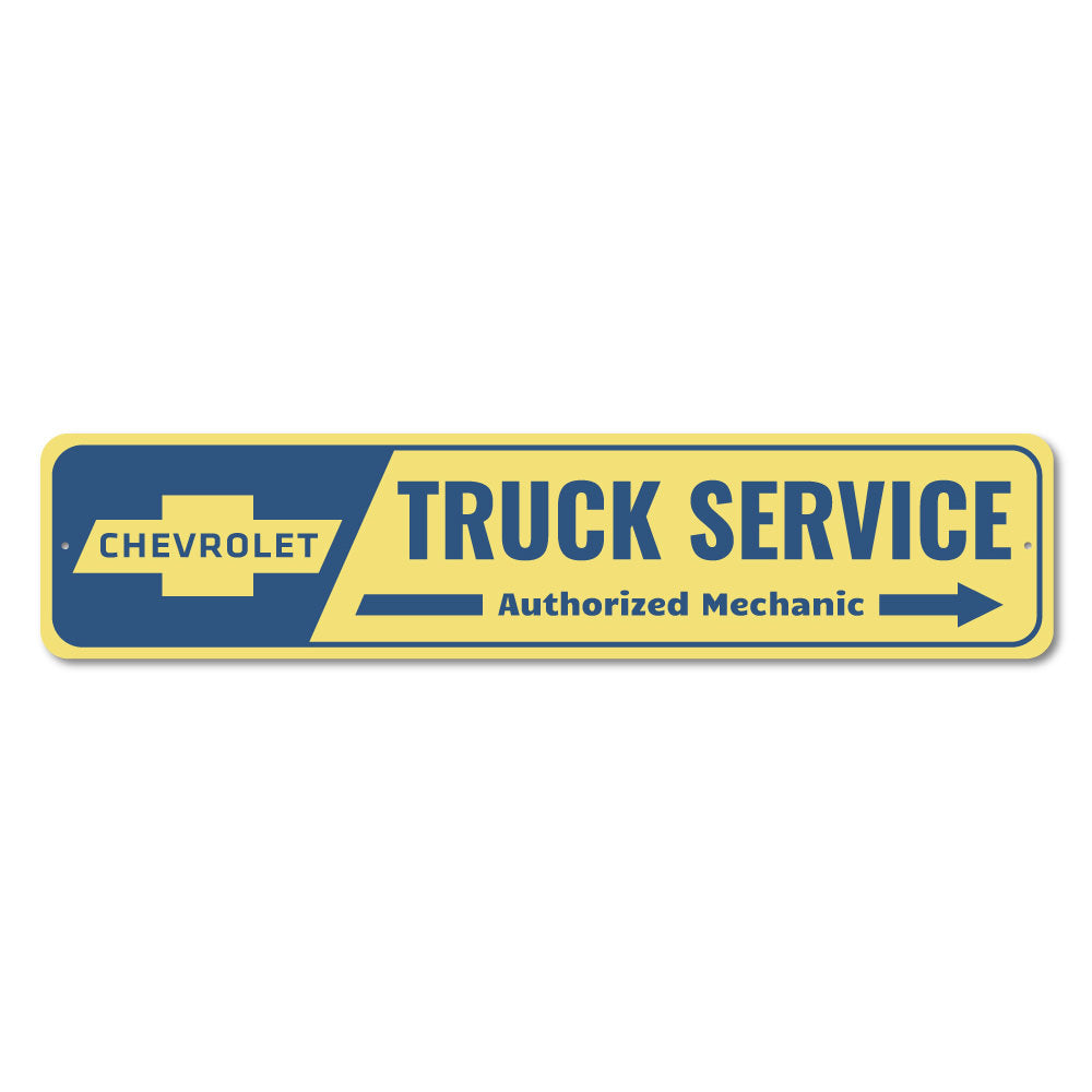 Chevy Truck Service Sign made of high-quality aluminum, featuring customizable text and pre-drilled holes for easy mounting.