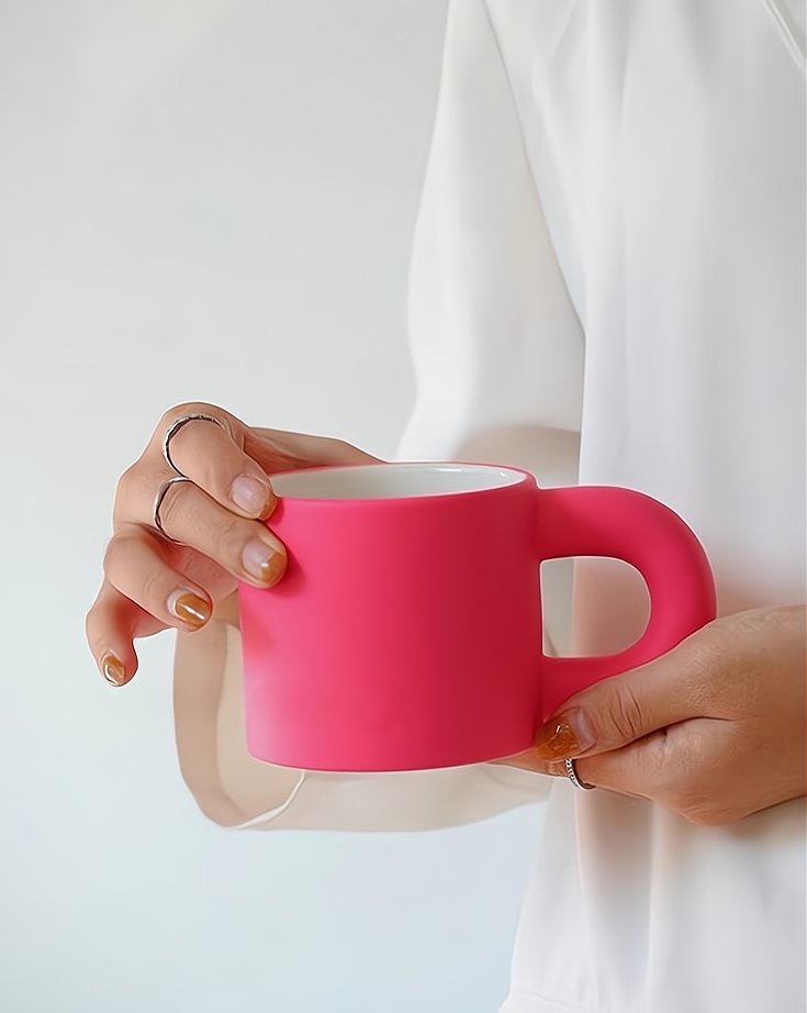 Chic designer ceramic mug in pink and green, showcasing elegant design and comfortable grip, perfect for modern homes.