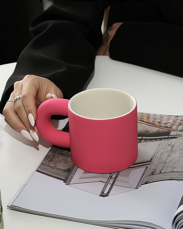 Chic designer ceramic mug in pink and green, showcasing elegant design and comfortable grip, perfect for modern homes.