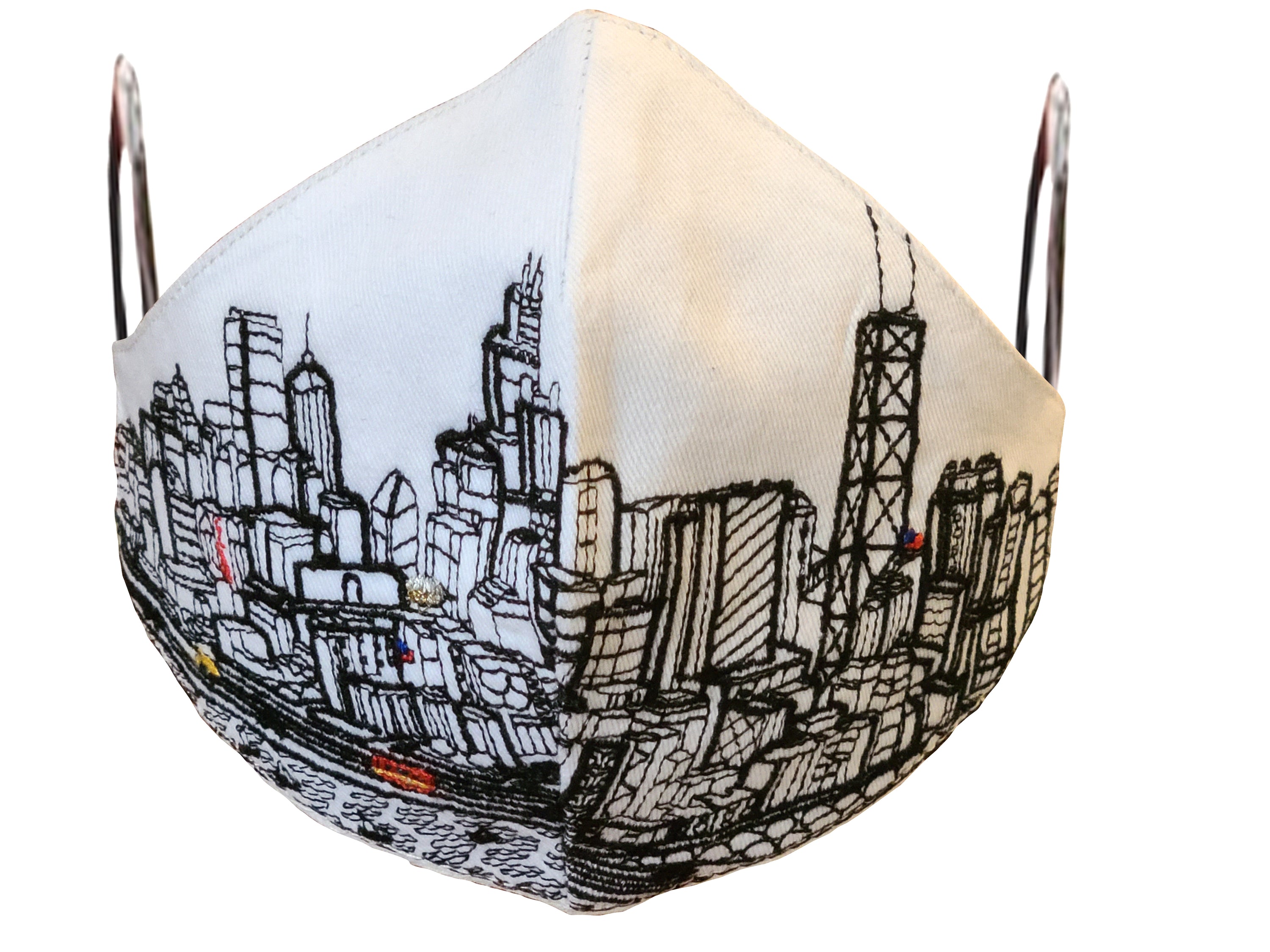 Chicago skyline embroidered face mask made of linen and cotton with soft cotton lining and elastic loops.