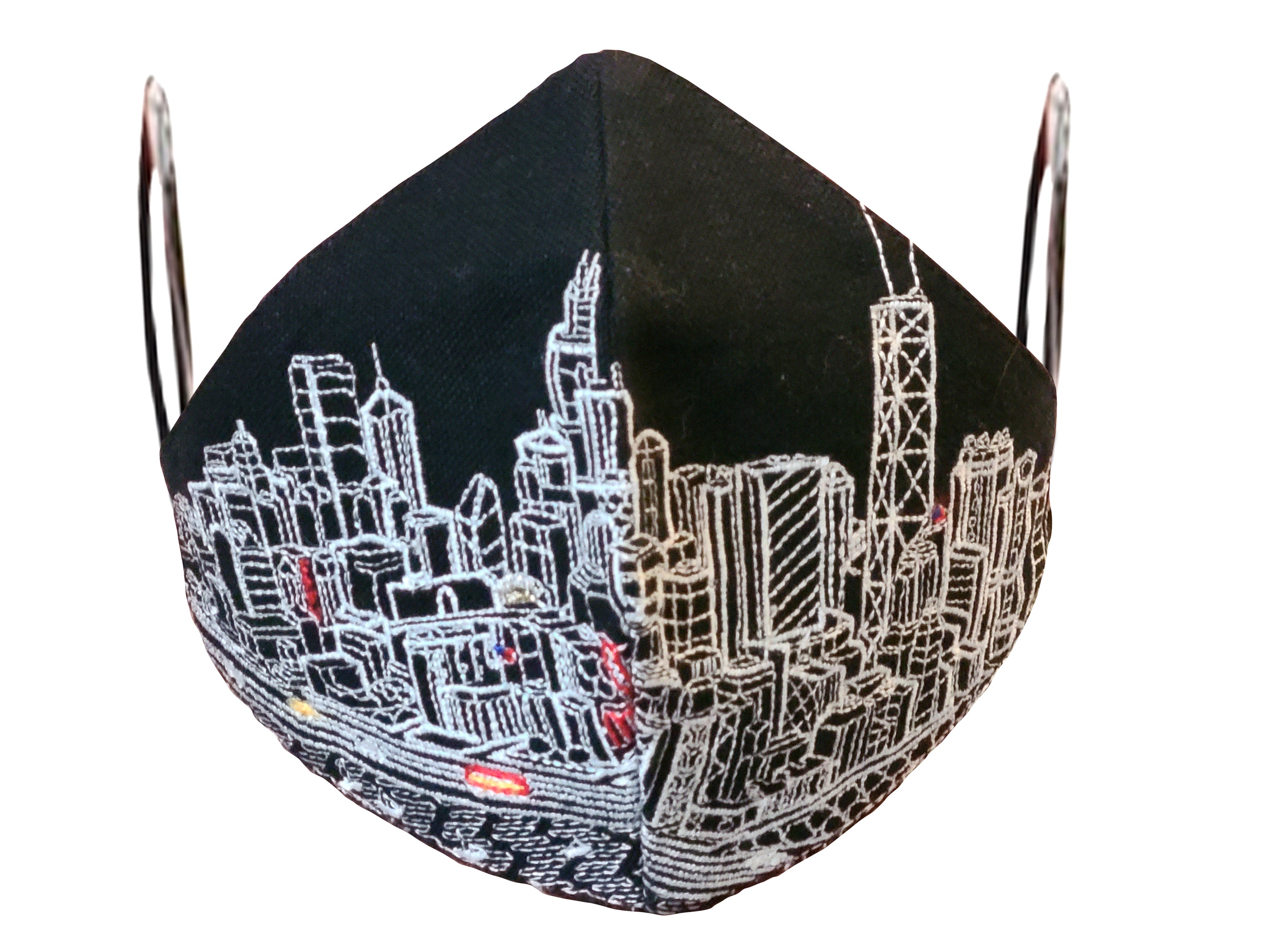 Chicago skyline embroidered face mask made of linen and cotton with soft cotton lining and elastic loops.