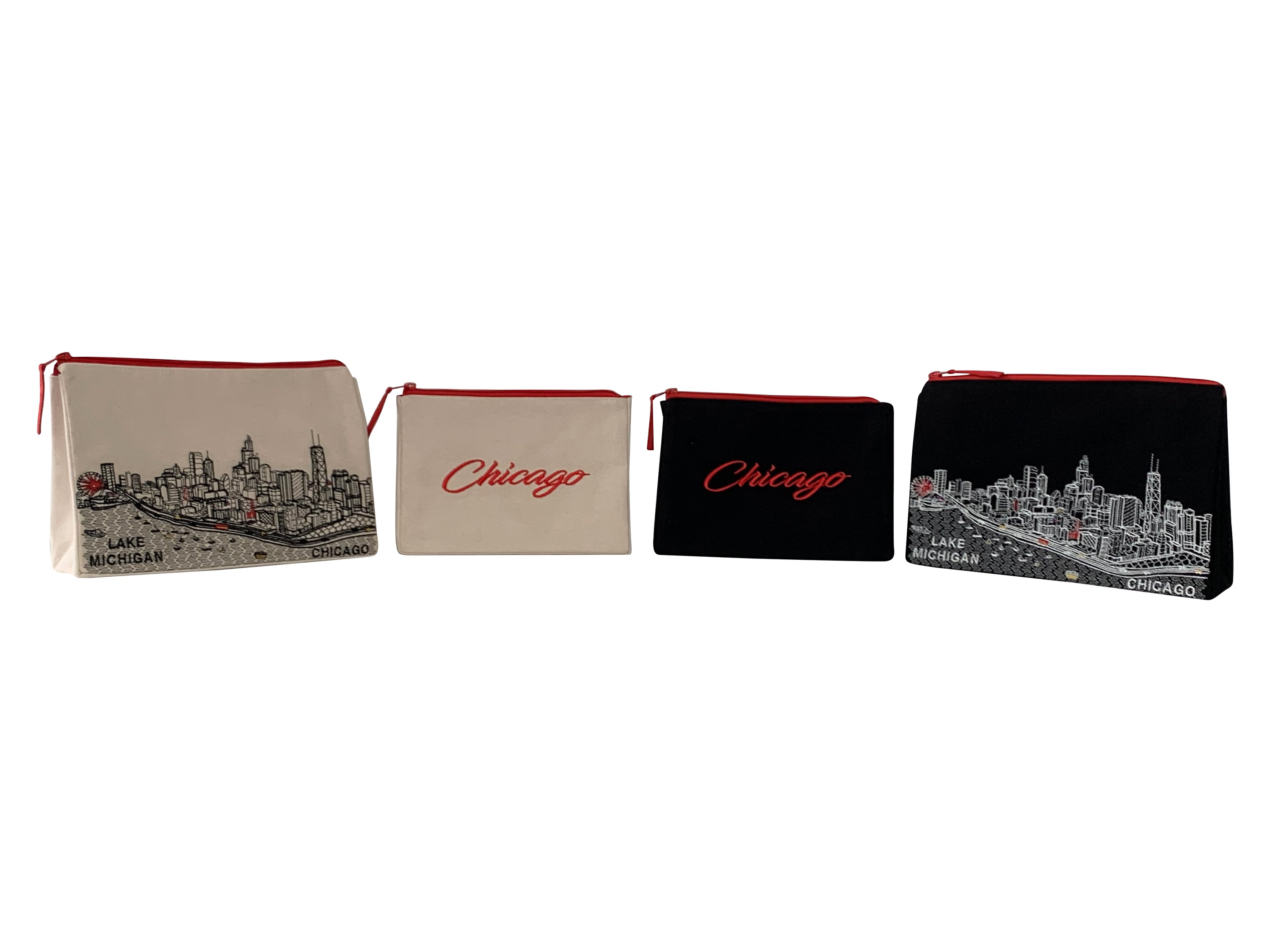 Chicago Makeup Bag set featuring embroidered skyline design on cream and black cotton canvas with red waterproof lining.