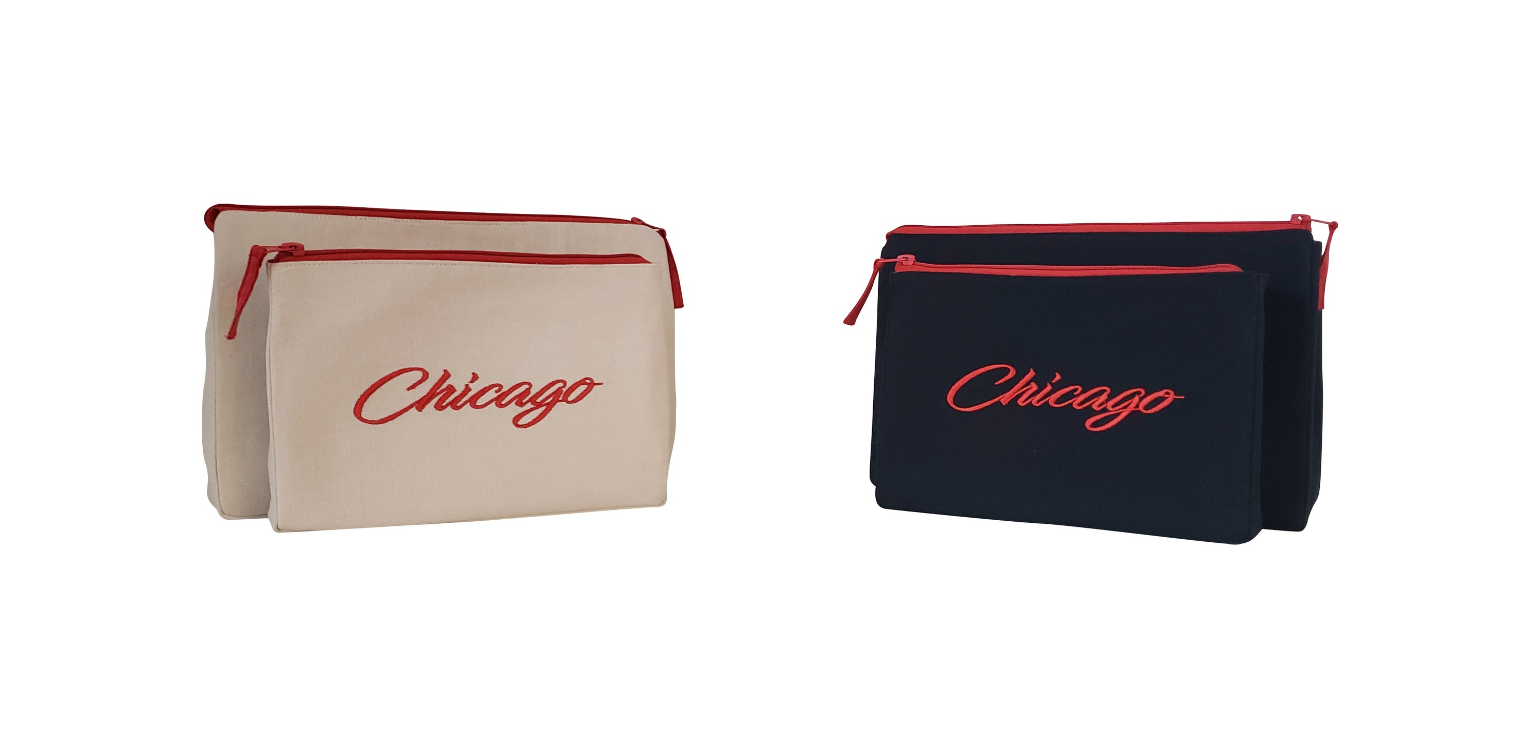 Chicago Makeup Bag set featuring embroidered skyline design on cream and black cotton canvas with red waterproof lining.