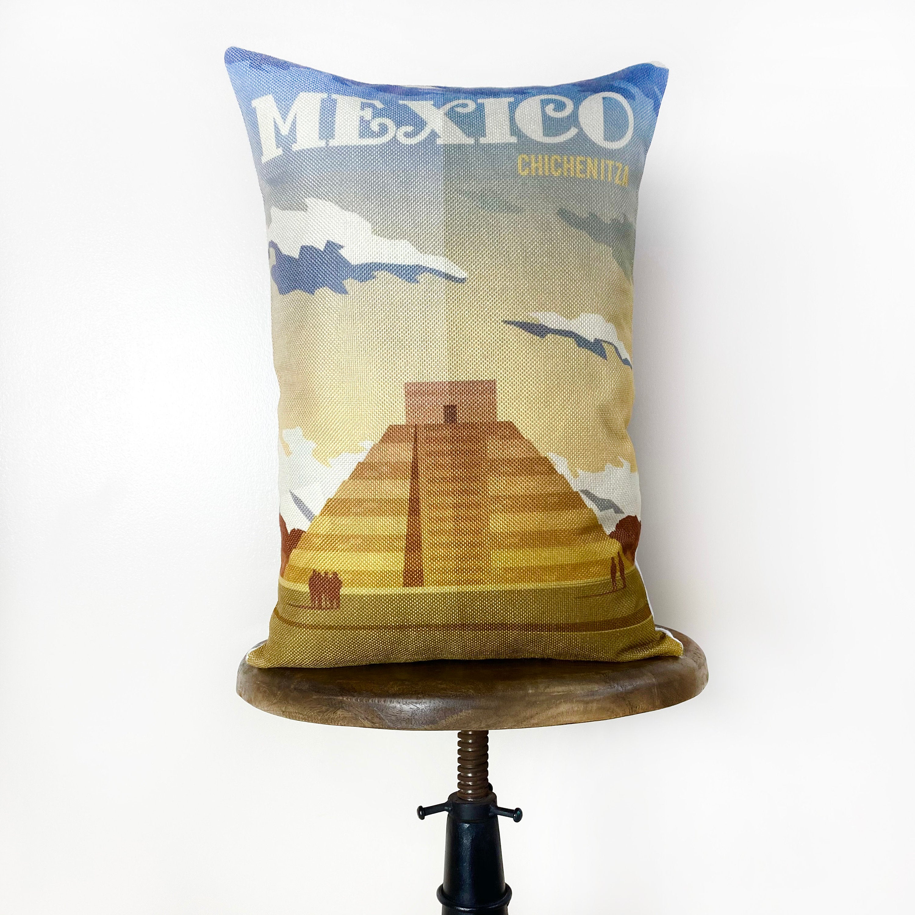 Chichenitza pillow cover featuring vibrant Mayan ruins design, handmade in America, perfect for travel enthusiasts.