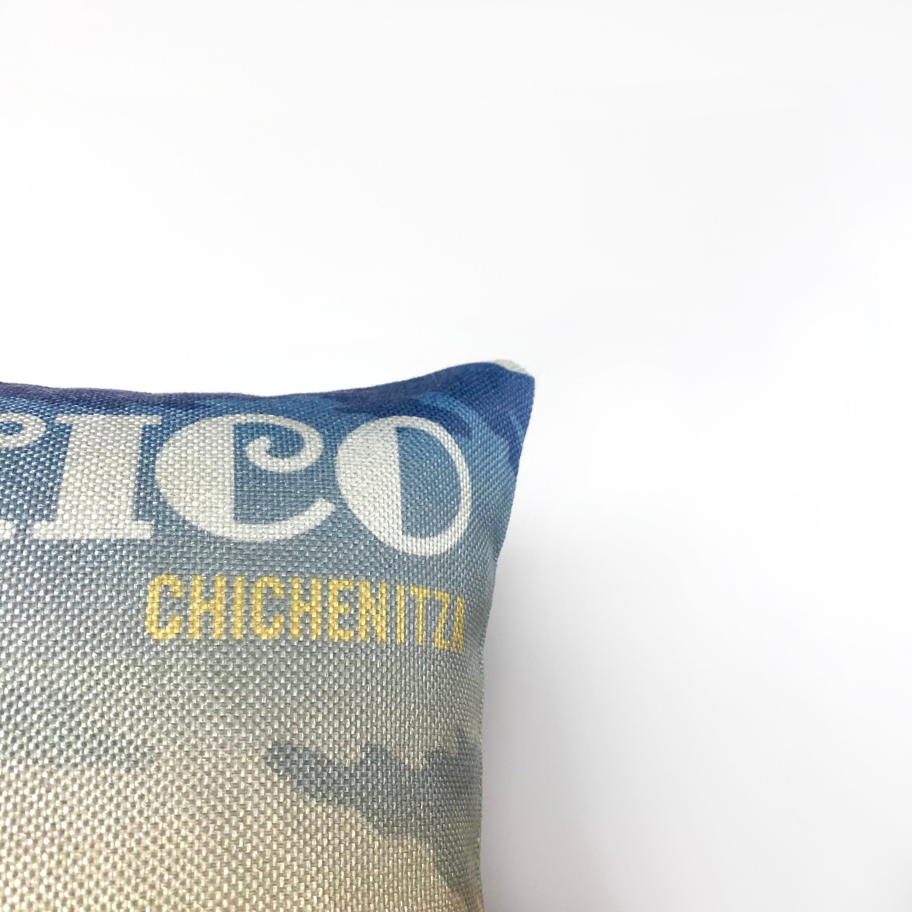 Chichenitza pillow cover featuring vibrant Mayan ruins design, handmade in America, perfect for travel enthusiasts.