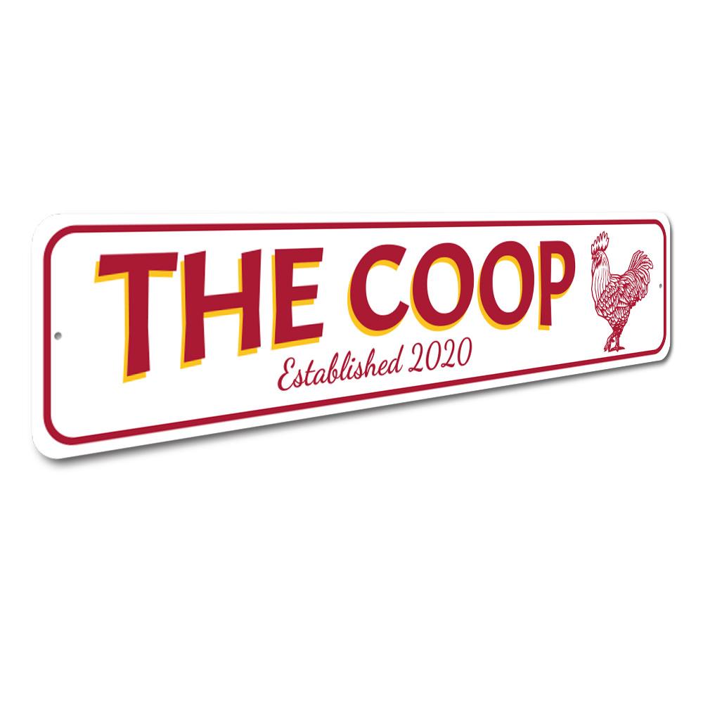 Personalized Chicken Coop Established Date Sign made of durable aluminum, featuring customizable text and pre-drilled holes for easy mounting.