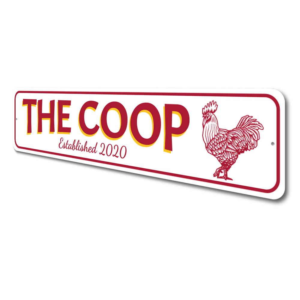 Personalized Chicken Coop Established Date Sign made of durable aluminum, featuring customizable text and pre-drilled holes for easy mounting.