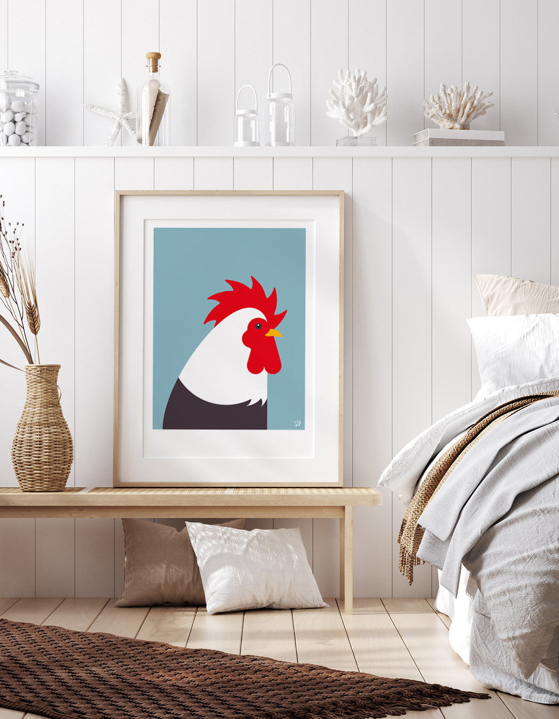 A vibrant illustration of a colorful cockerel, perfect for wall decor.