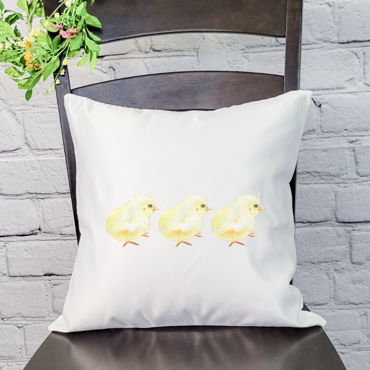 Chicks Pillow Cover featuring original farmhouse Spring designs in soft polyester linen with a hidden zipper.