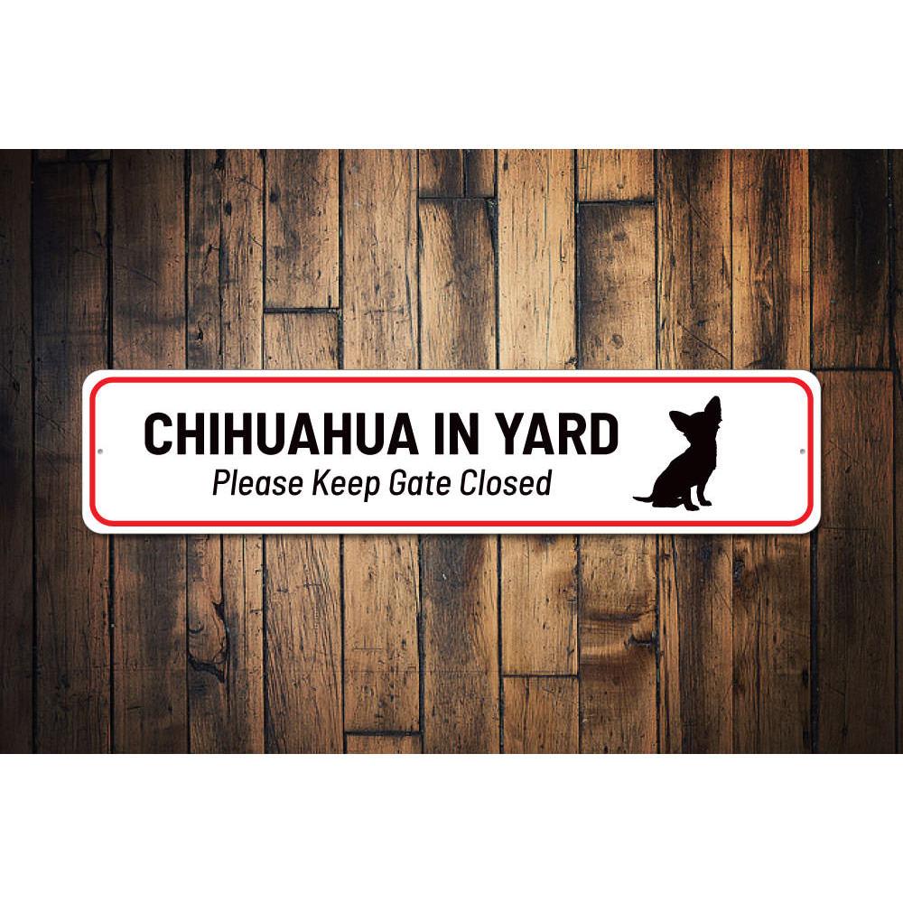 Charming Chihuahua in Yard Sign made of durable aluminum, featuring customizable text options, perfect for outdoor decor.