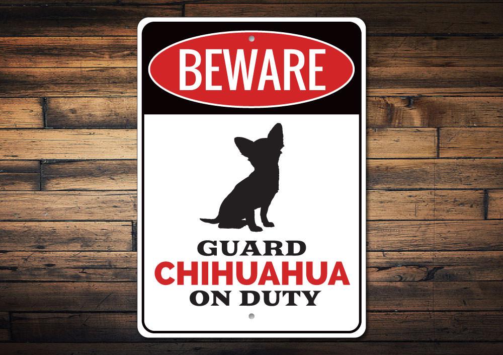 A decorative Chihuahua sign made of high-quality aluminum, featuring a charming design suitable for indoor and outdoor decor.