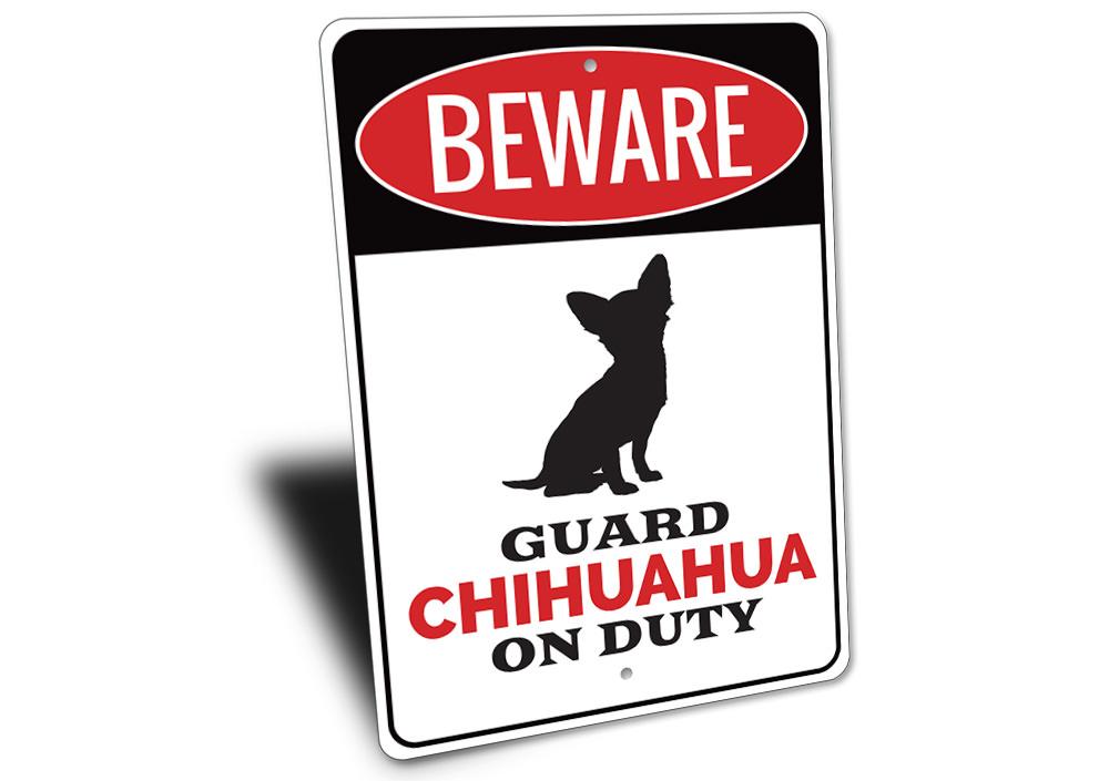 A decorative Chihuahua sign made of high-quality aluminum, featuring a charming design suitable for indoor and outdoor decor.