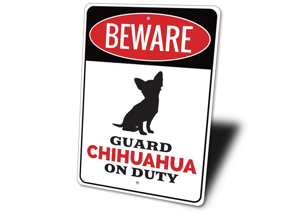 A decorative Chihuahua sign made of high-quality aluminum, featuring a charming design suitable for indoor and outdoor decor.