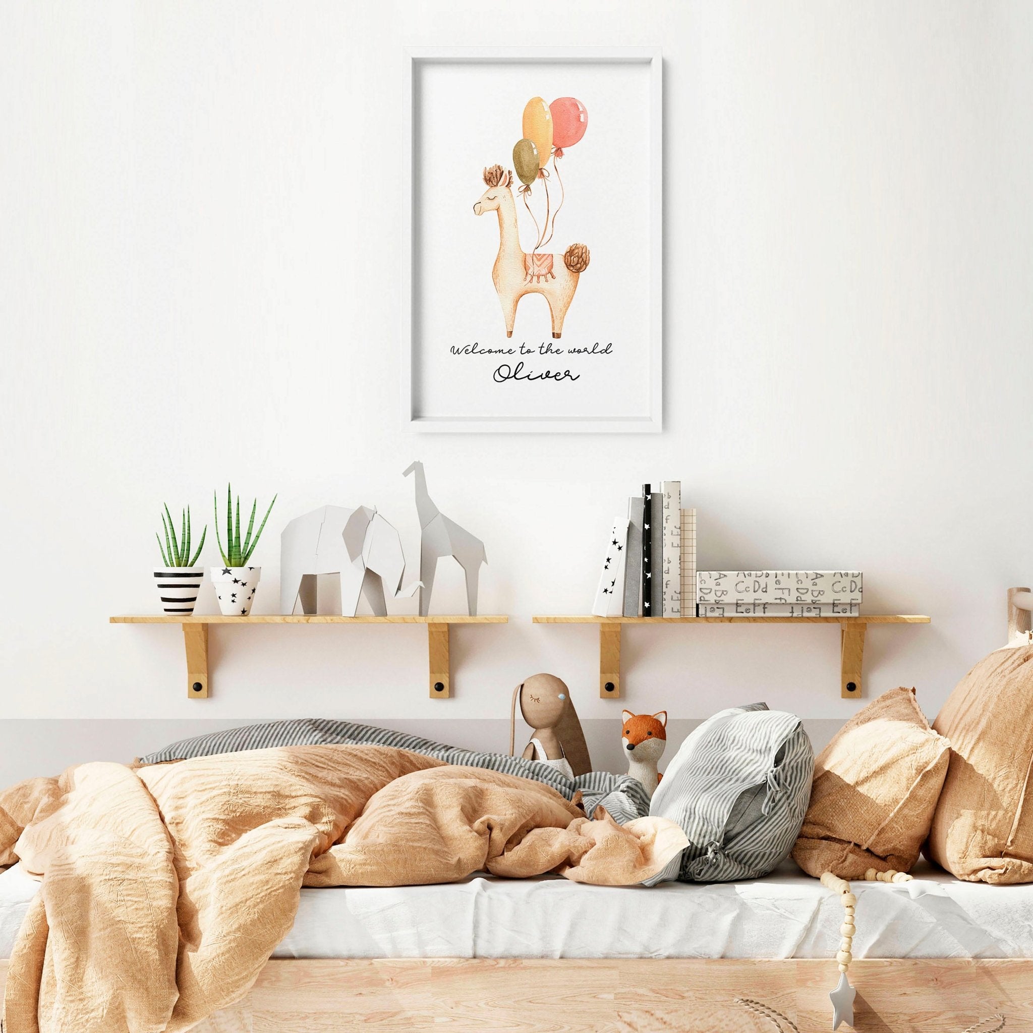 Charming Llama wall art print for nursery decor, featuring a cute Llama surrounded by whimsical elements in soft colors.