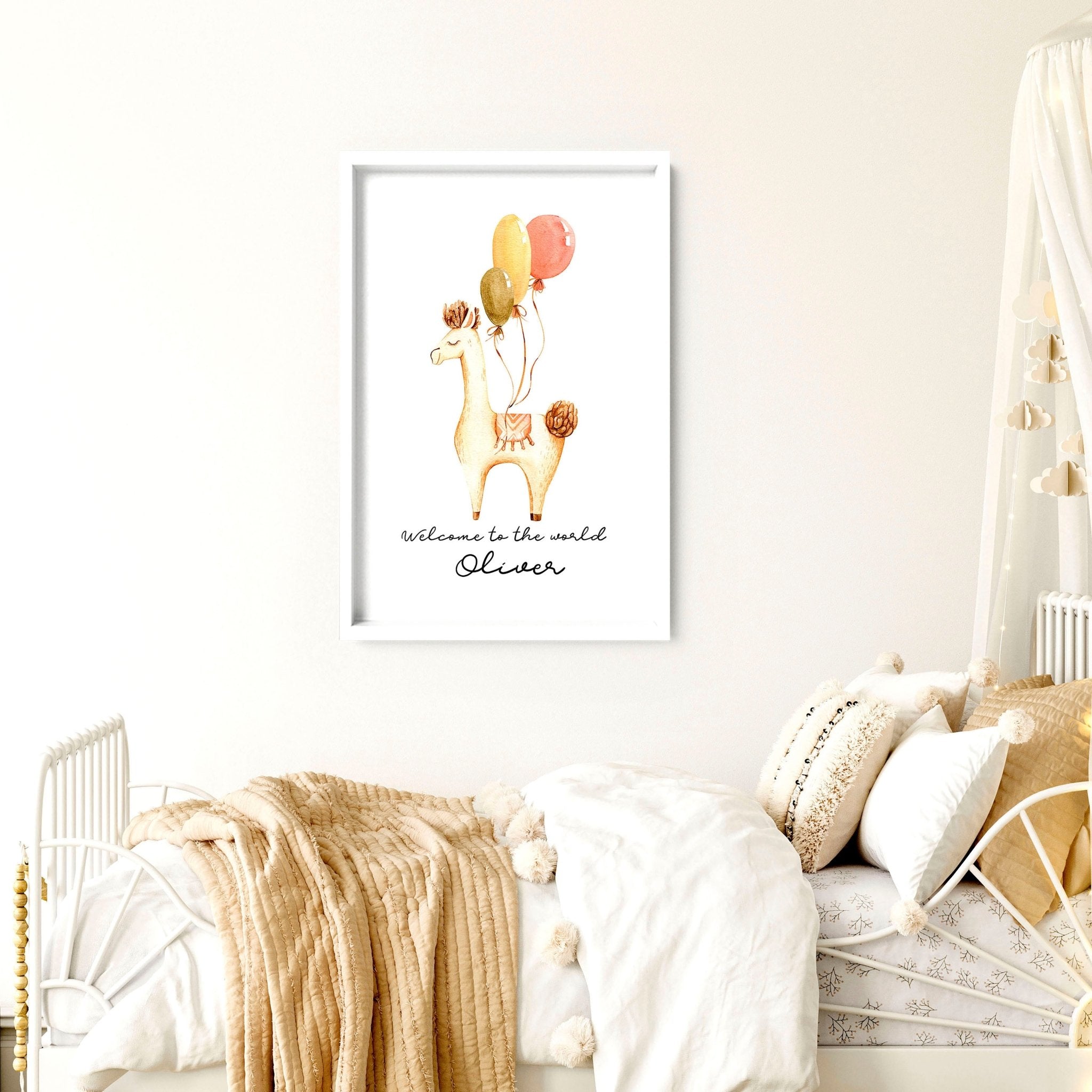 Charming Llama wall art print for nursery decor, featuring a cute Llama surrounded by whimsical elements in soft colors.