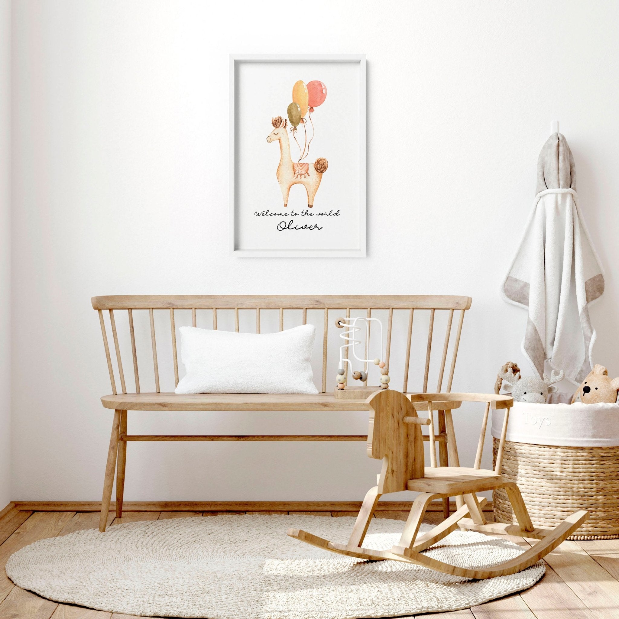 Charming Llama wall art print for nursery decor, featuring a cute Llama surrounded by whimsical elements in soft colors.