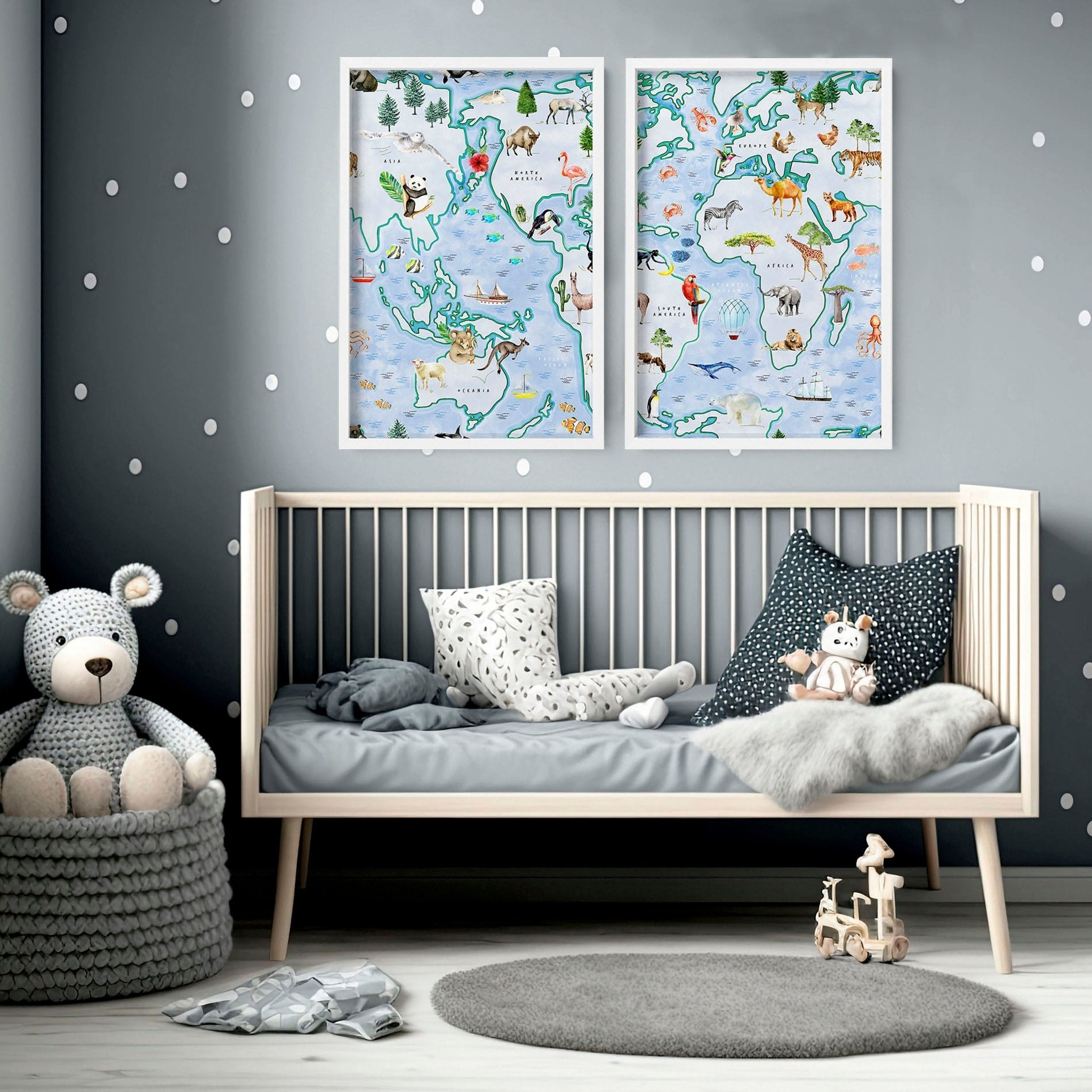 Set of 2 children's world map wall art prints featuring animals from various regions, designed for nursery or playroom decor.