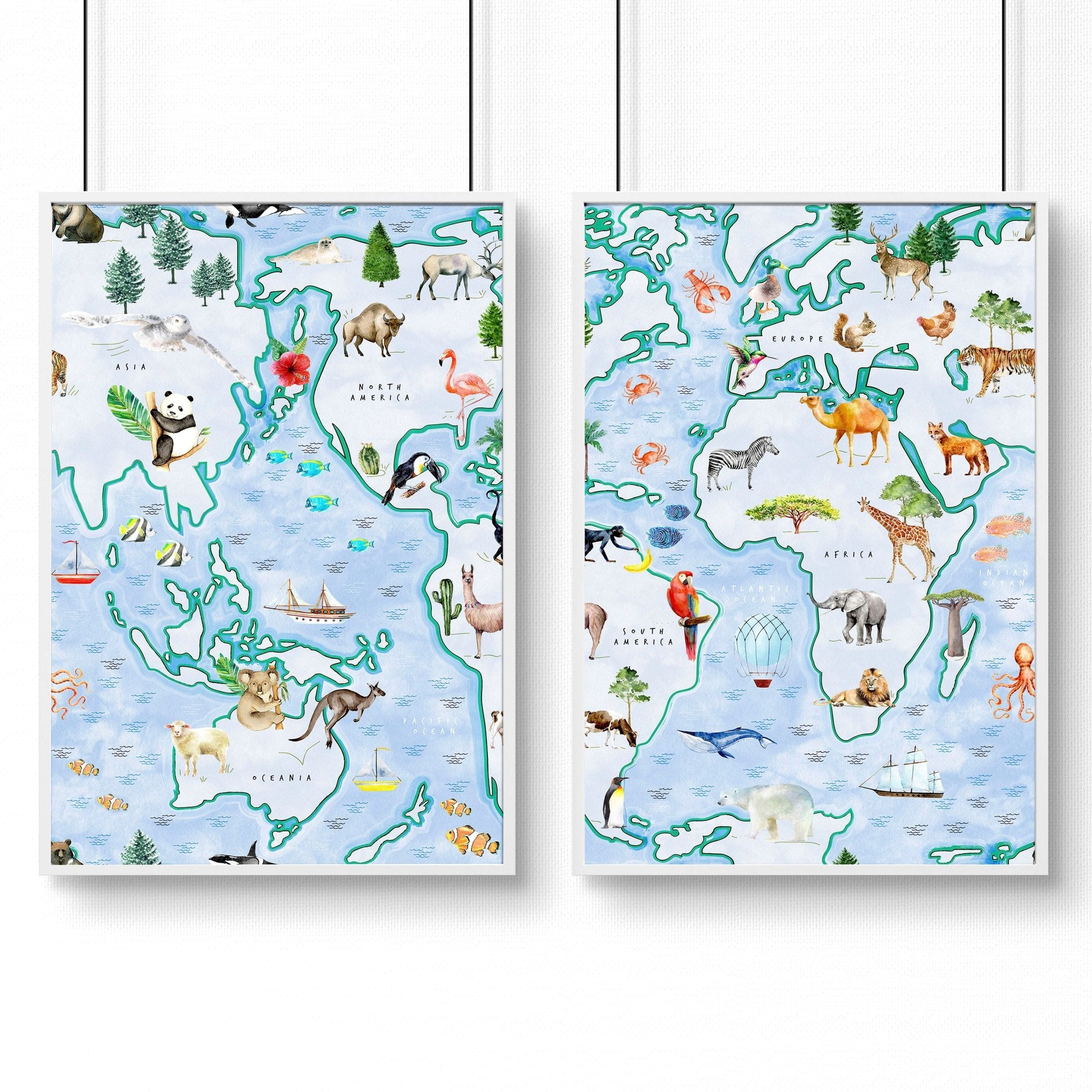 Set of 2 children's world map wall art prints featuring animals from various regions, designed for nursery or playroom decor.