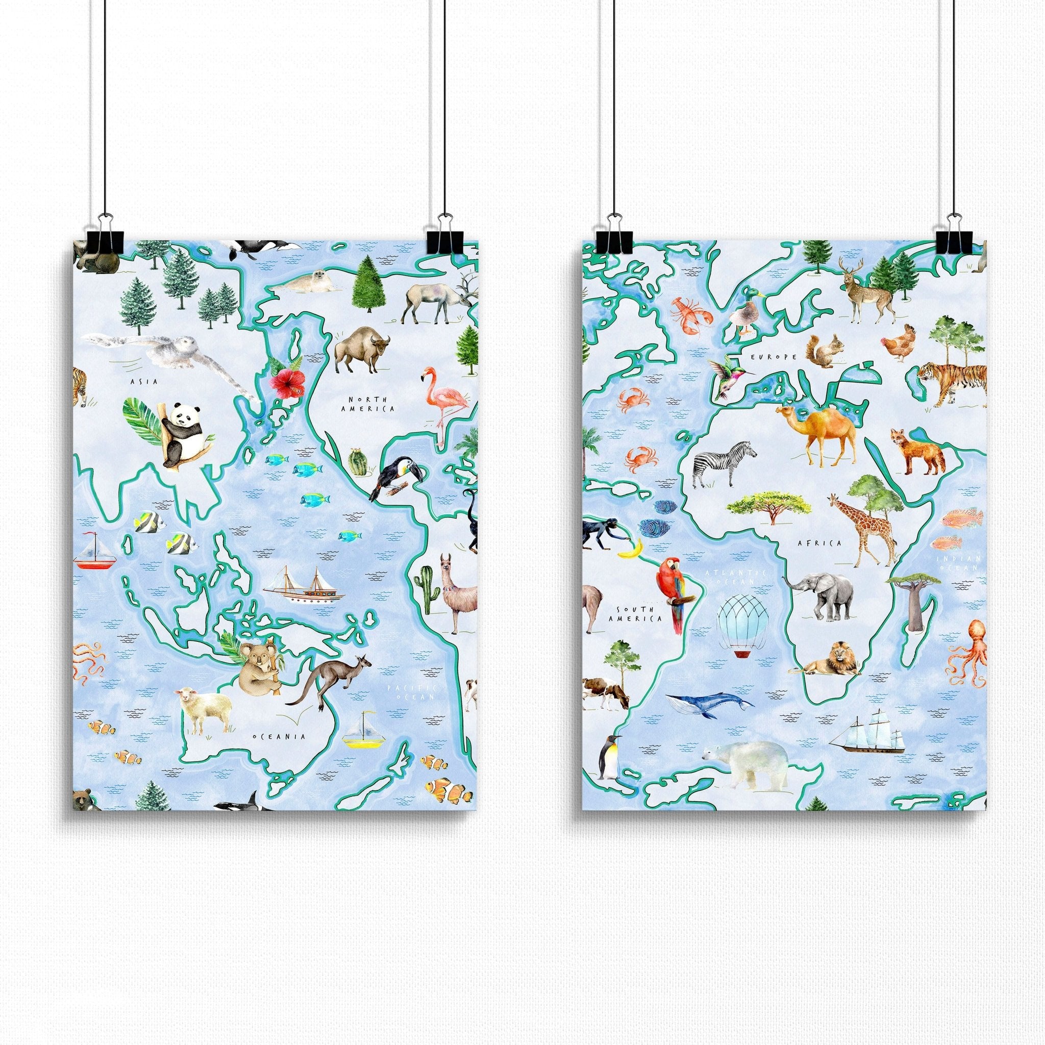 Set of 2 children's world map wall art prints featuring animals from various regions, designed for nursery or playroom decor.