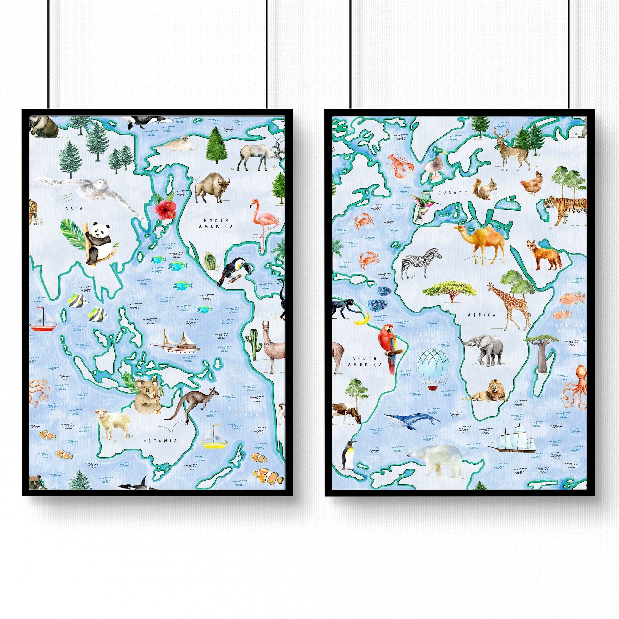 Set of 2 children's world map wall art prints featuring animals from various regions, designed for nursery or playroom decor.