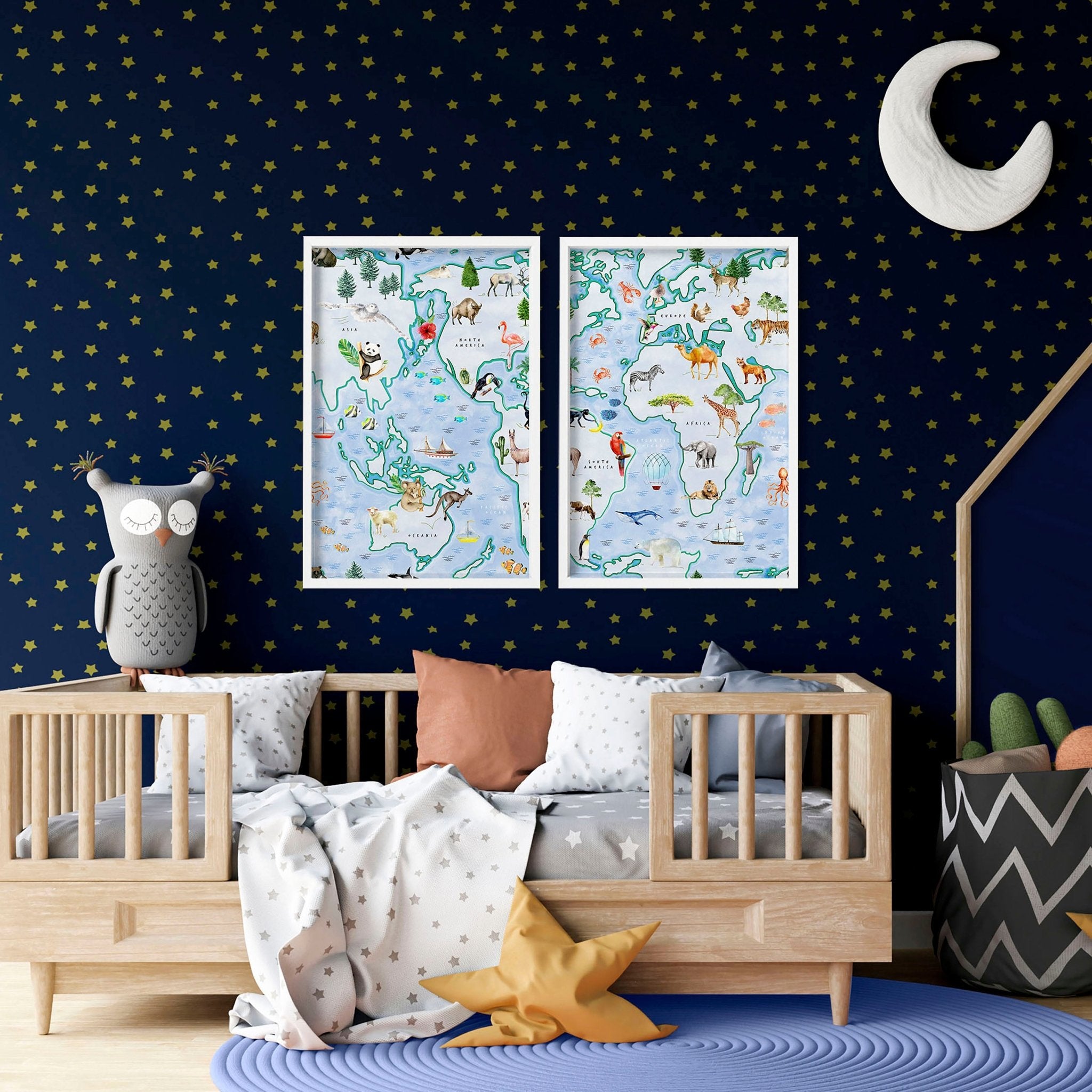 Set of 2 children's world map wall art prints featuring animals from various regions, designed for nursery or playroom decor.