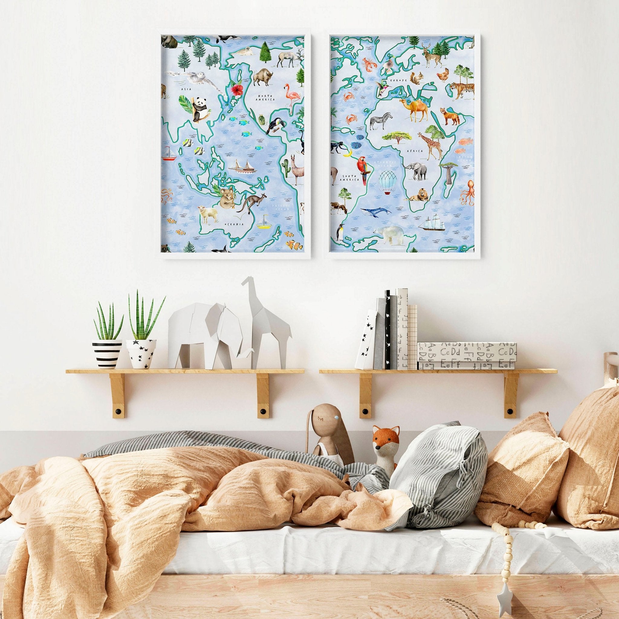 Set of 2 children's world map wall art prints featuring animals from various regions, designed for nursery or playroom decor.