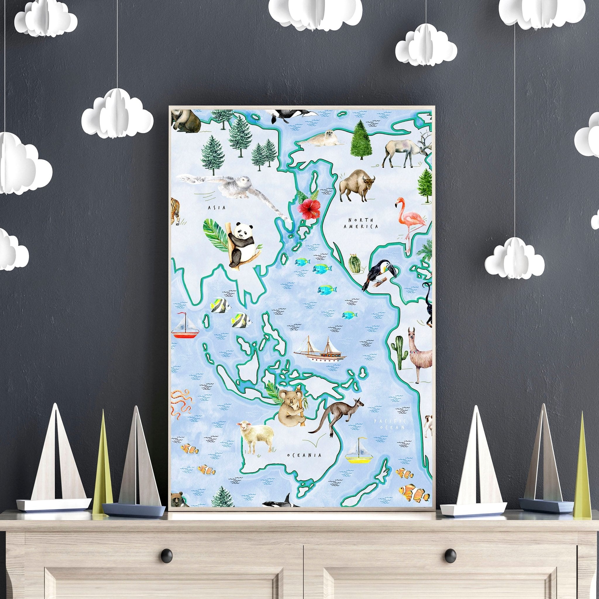 Set of 2 children's world map wall art prints featuring animals from various regions, designed for nursery or playroom decor.