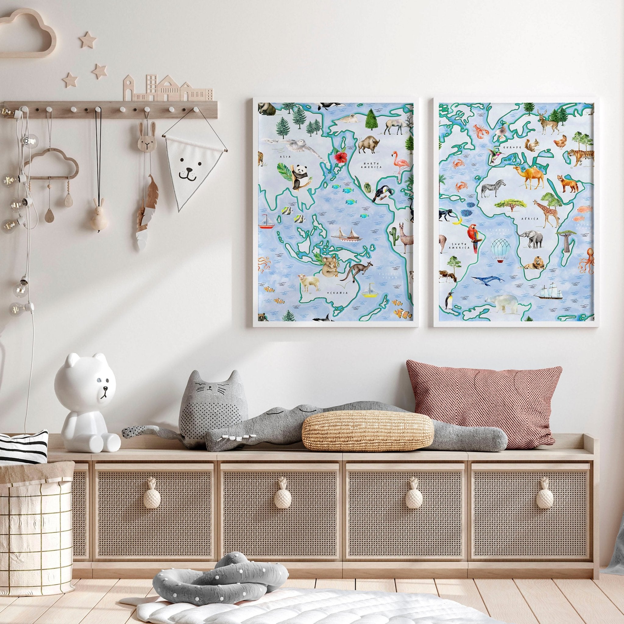 Set of 2 children's world map wall art prints featuring animals from various regions, designed for nursery or playroom decor.