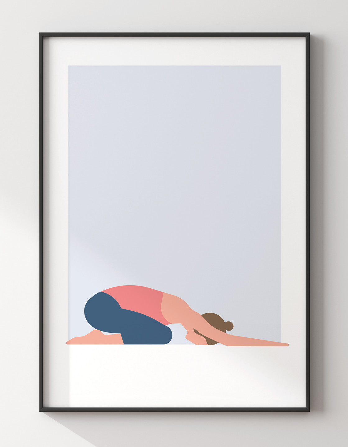 A minimalist Child's Pose yoga print featuring soft colors, perfect for bedroom decor.