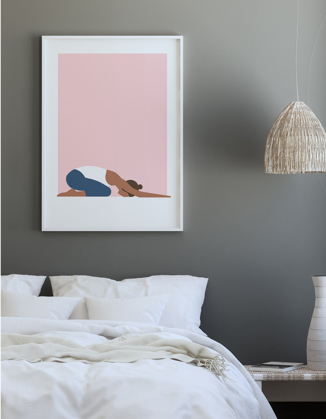 A minimalist Child's Pose yoga print featuring soft colors, perfect for bedroom decor.