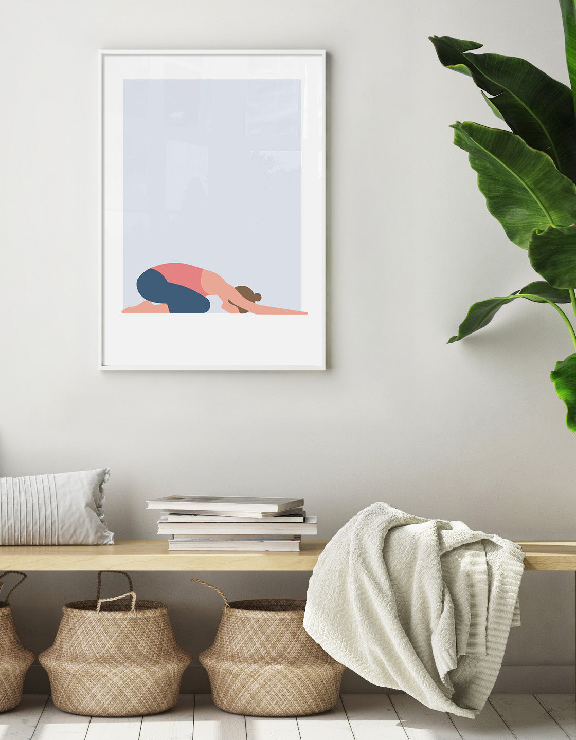 A minimalist Child's Pose yoga print featuring soft colors, perfect for bedroom decor.