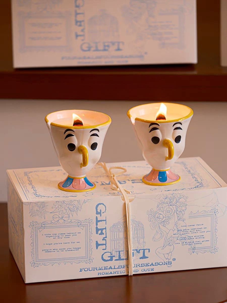 Set of two Chip Potts scented soy wax candles in cute ceramic mugs, inspired by Disney's Beauty and the Beast.