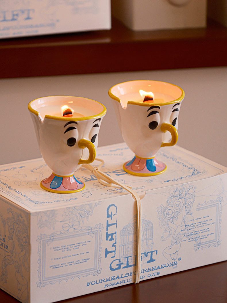 Set of two Chip Potts scented soy wax candles in cute ceramic mugs, inspired by Disney's Beauty and the Beast.