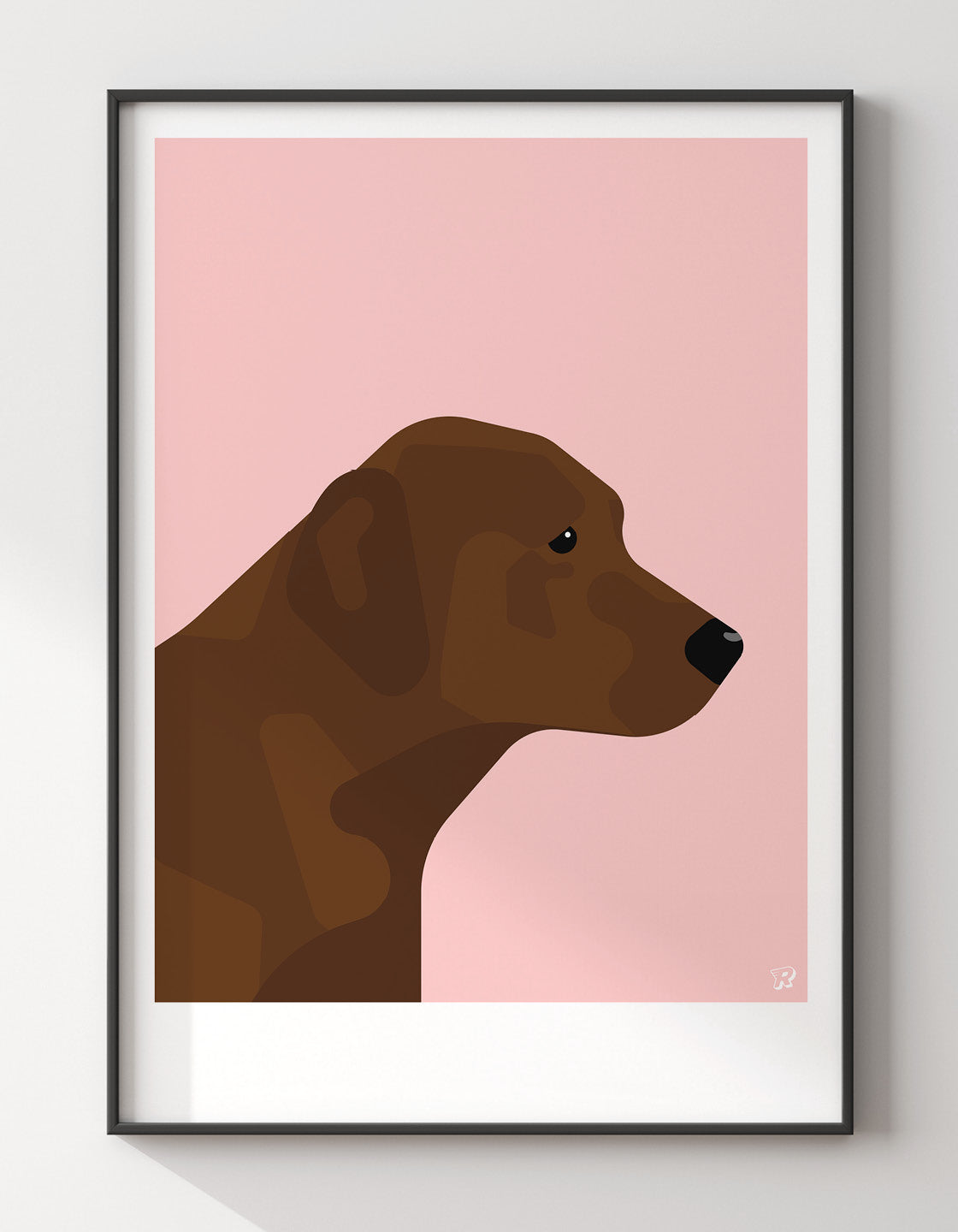 A charming Chocolate Labrador named Linda, showcasing her rich brown coat and playful expression, perfect for wall decor.