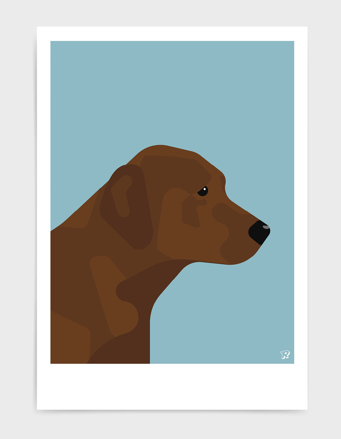 A charming Chocolate Labrador named Linda, showcasing her rich brown coat and playful expression, perfect for wall decor.