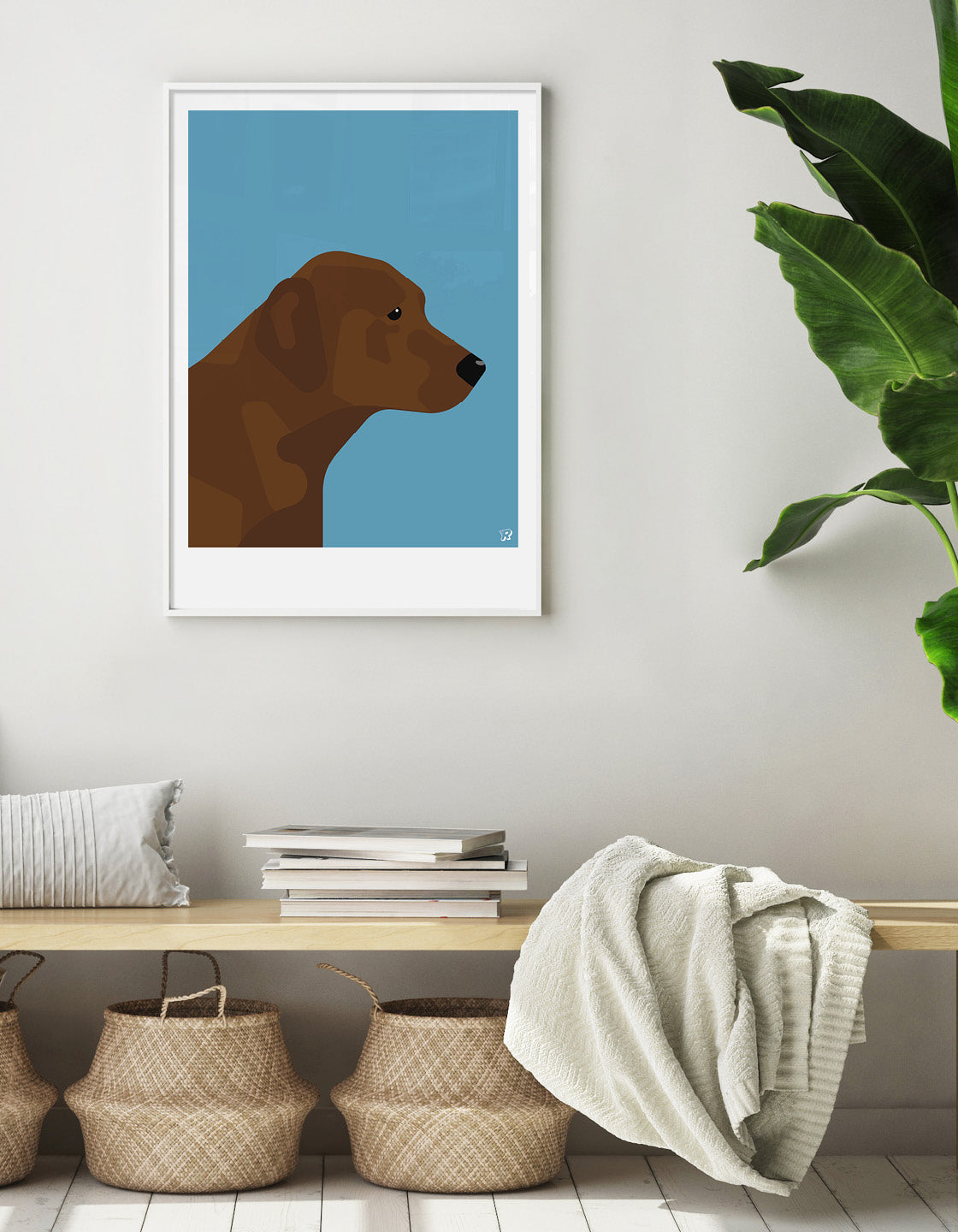 A charming Chocolate Labrador named Linda, showcasing her rich brown coat and playful expression, perfect for wall decor.