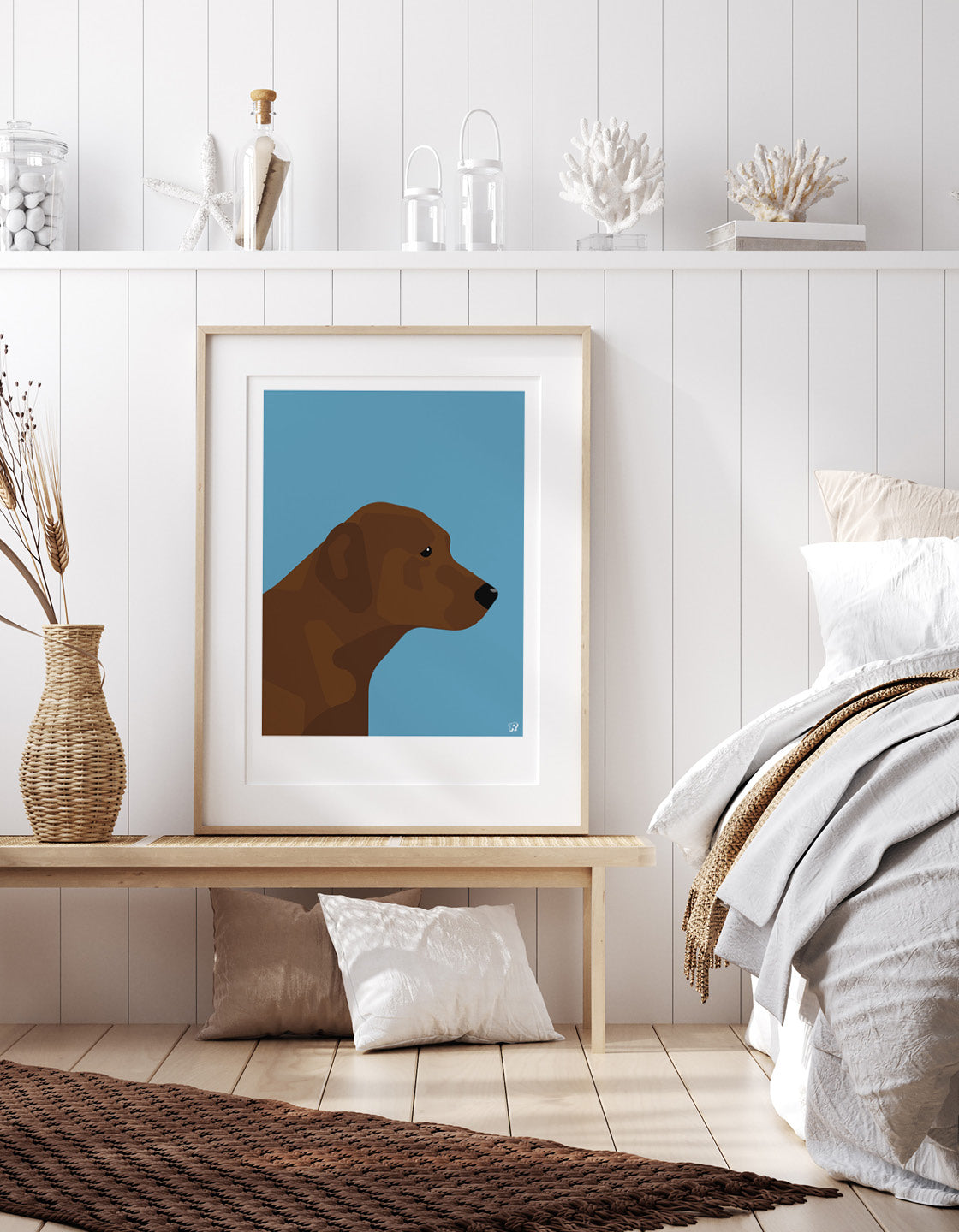 A charming Chocolate Labrador named Linda, showcasing her rich brown coat and playful expression, perfect for wall decor.