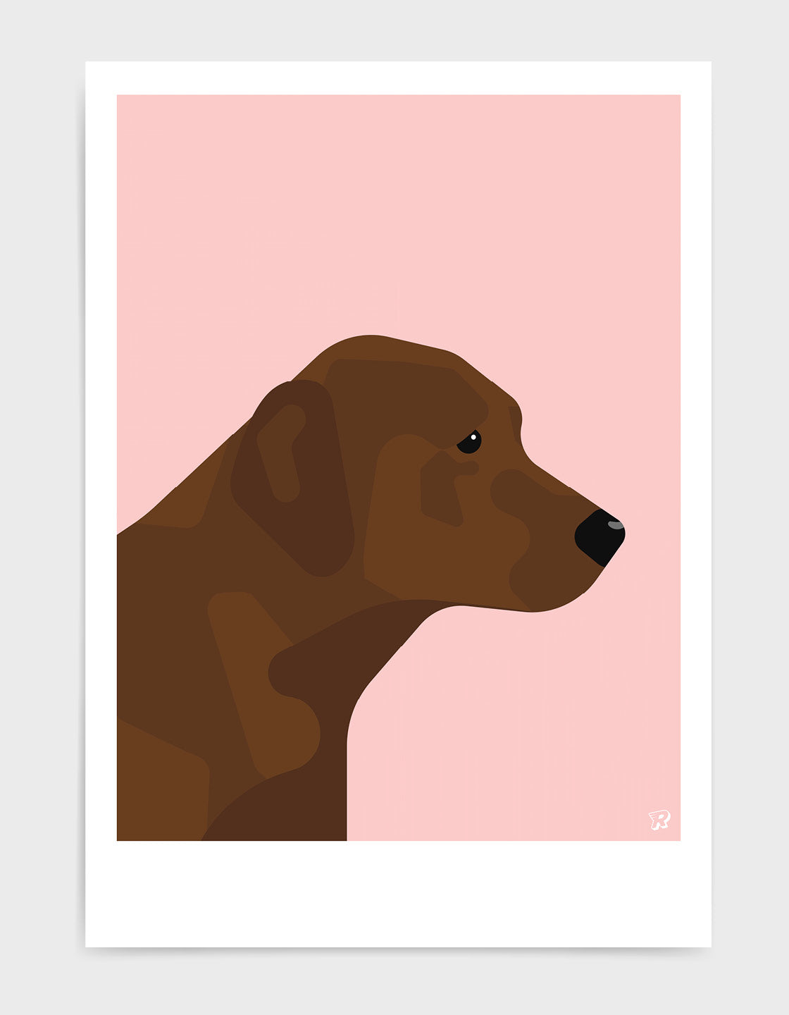 A charming Chocolate Labrador named Linda, showcasing her rich brown coat and playful expression, perfect for wall decor.