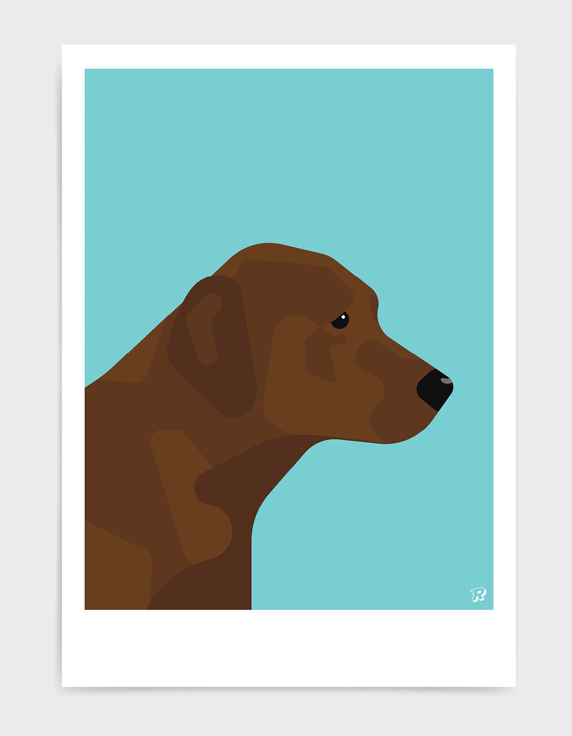 A charming Chocolate Labrador named Linda, showcasing her rich brown coat and playful expression, perfect for wall decor.