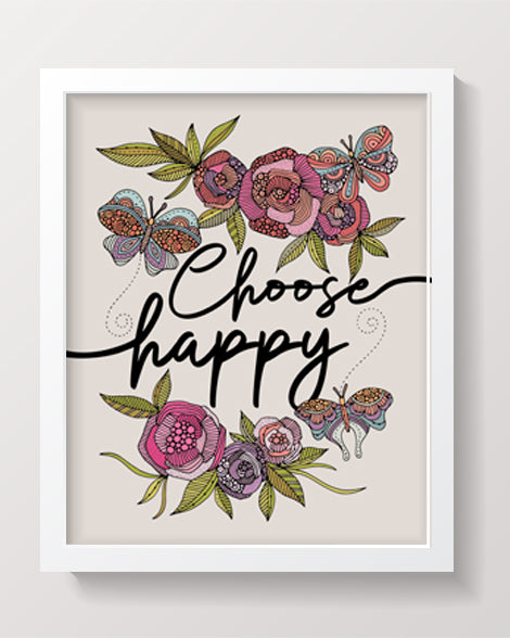 Choose Happy archival art print featuring vibrant colors and intricate pen and ink design, ready to frame.