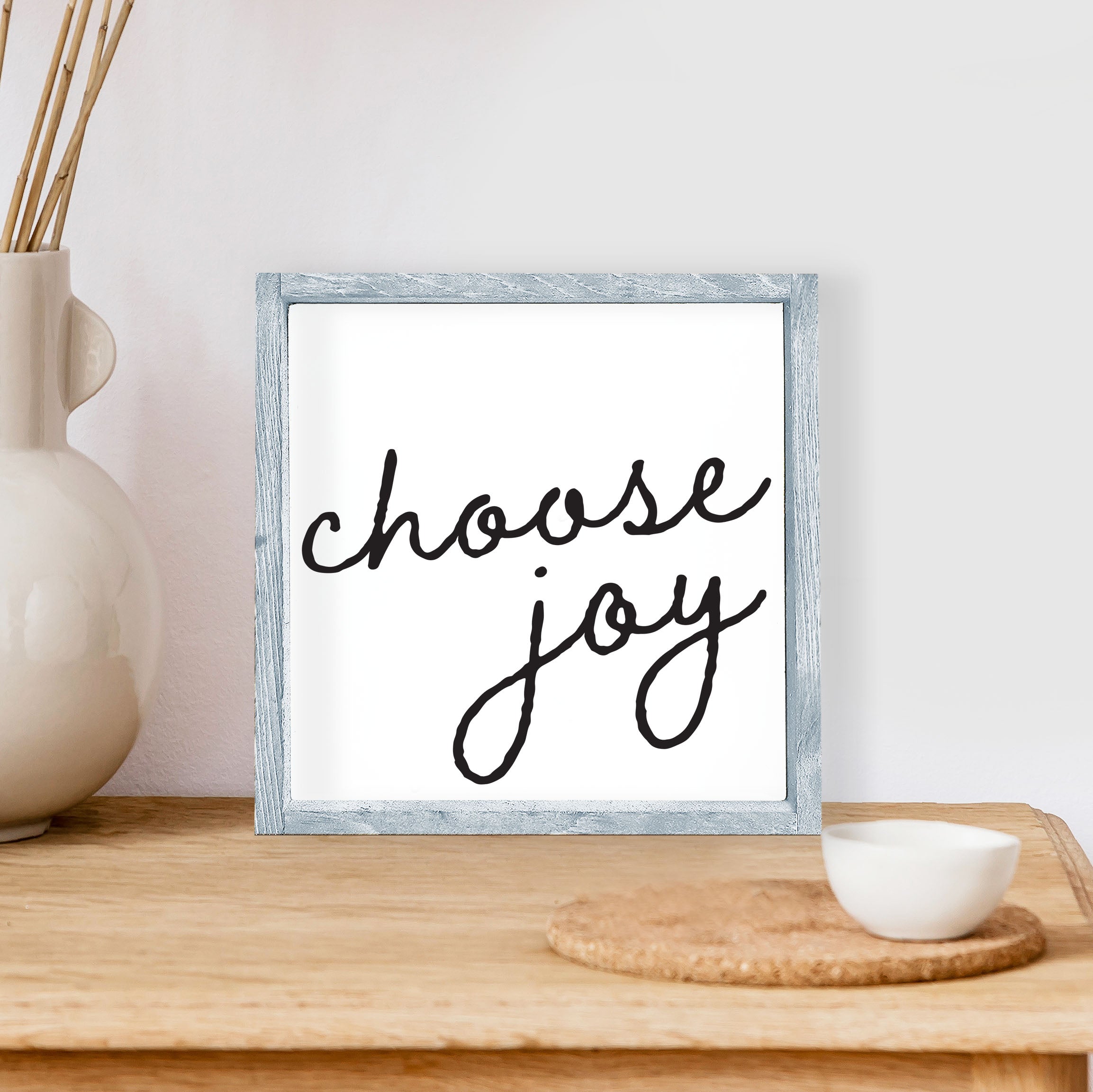 Choose Joy Wood Sign featuring a black text on a white background, framed in stained pine wood, measuring 8x8 inches.