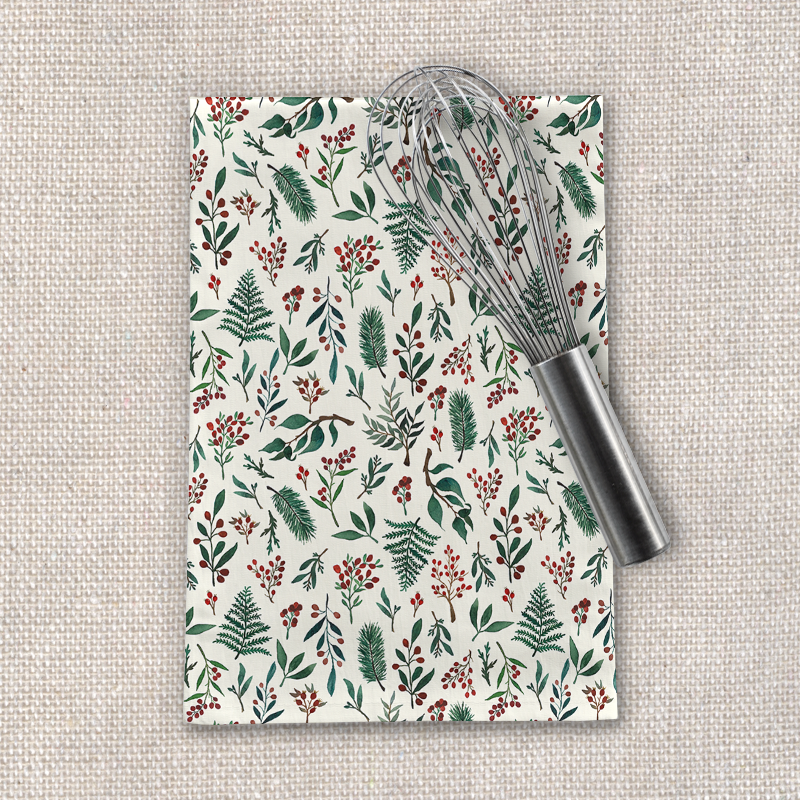 A festive Christmas Berries Tea Towel featuring a vibrant berry design on soft cotton twill, perfect for holiday kitchen decor.