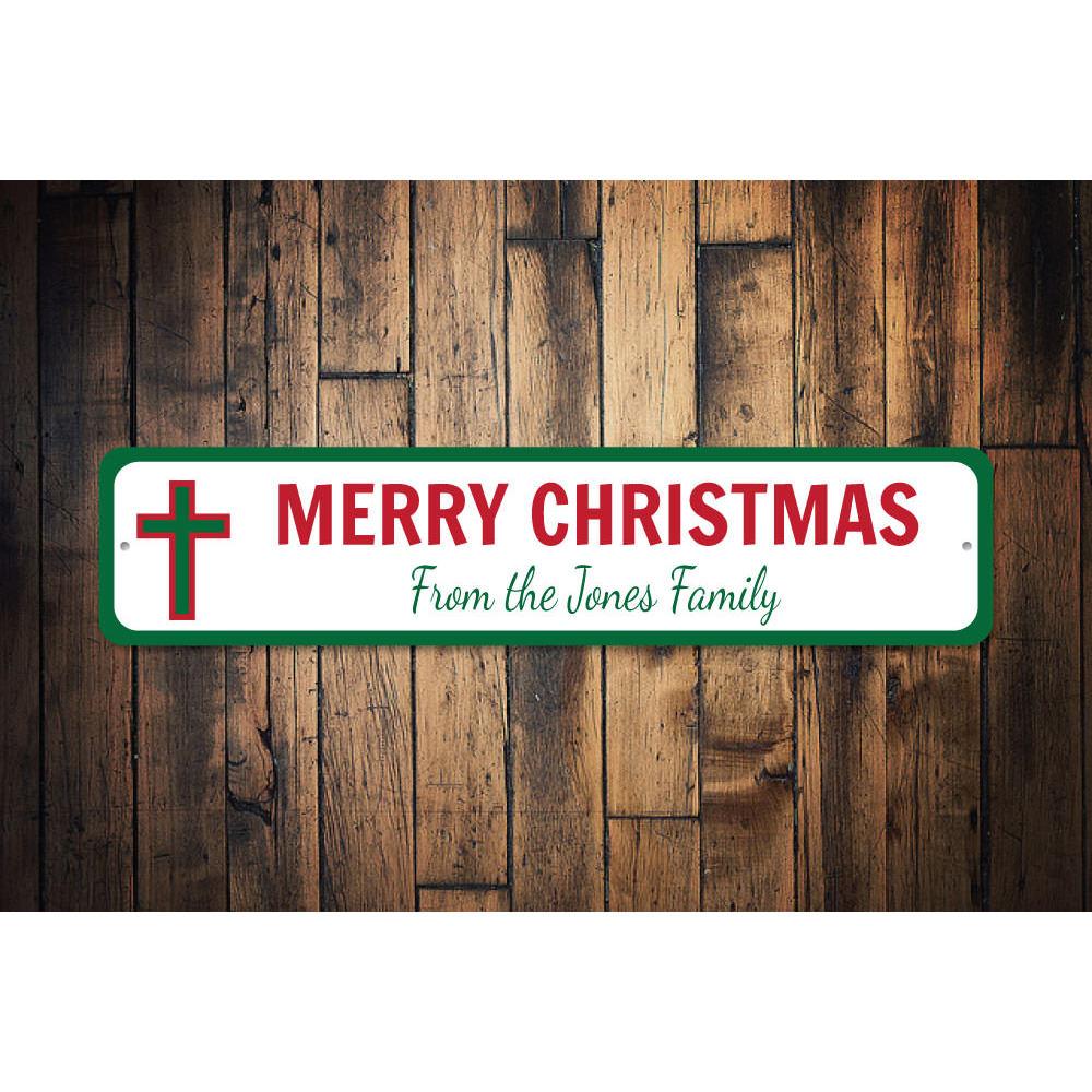 A beautifully crafted Christmas Cross Sign made of high-quality aluminum, featuring a festive design perfect for holiday decorations.