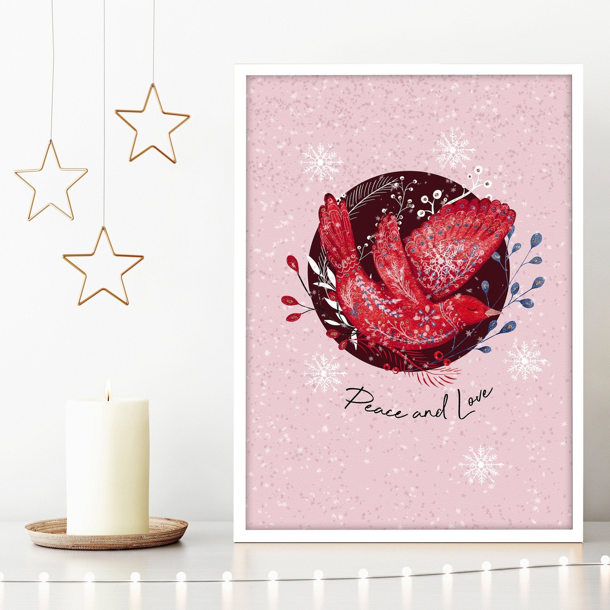 Scandi Christmas wall art print featuring a festive wreath and folk-style pigeon on a pink background.